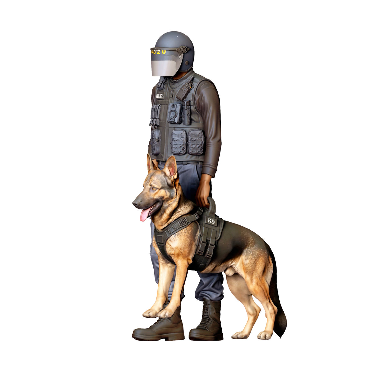Diorama Modellbau Produktfoto 4: Diorama Figur: Stehender Polizist in Schutzausrüstung mit sitzendem Diensthund (Ref. Nr. 526)