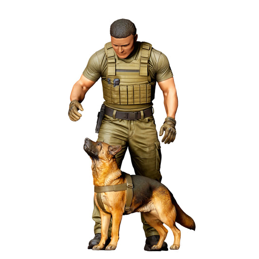 Photo produit de modélisme pour diorama 0 : figurine debout : maître-chien en tenue d’intervention avec chien de service (réf. n° 525)