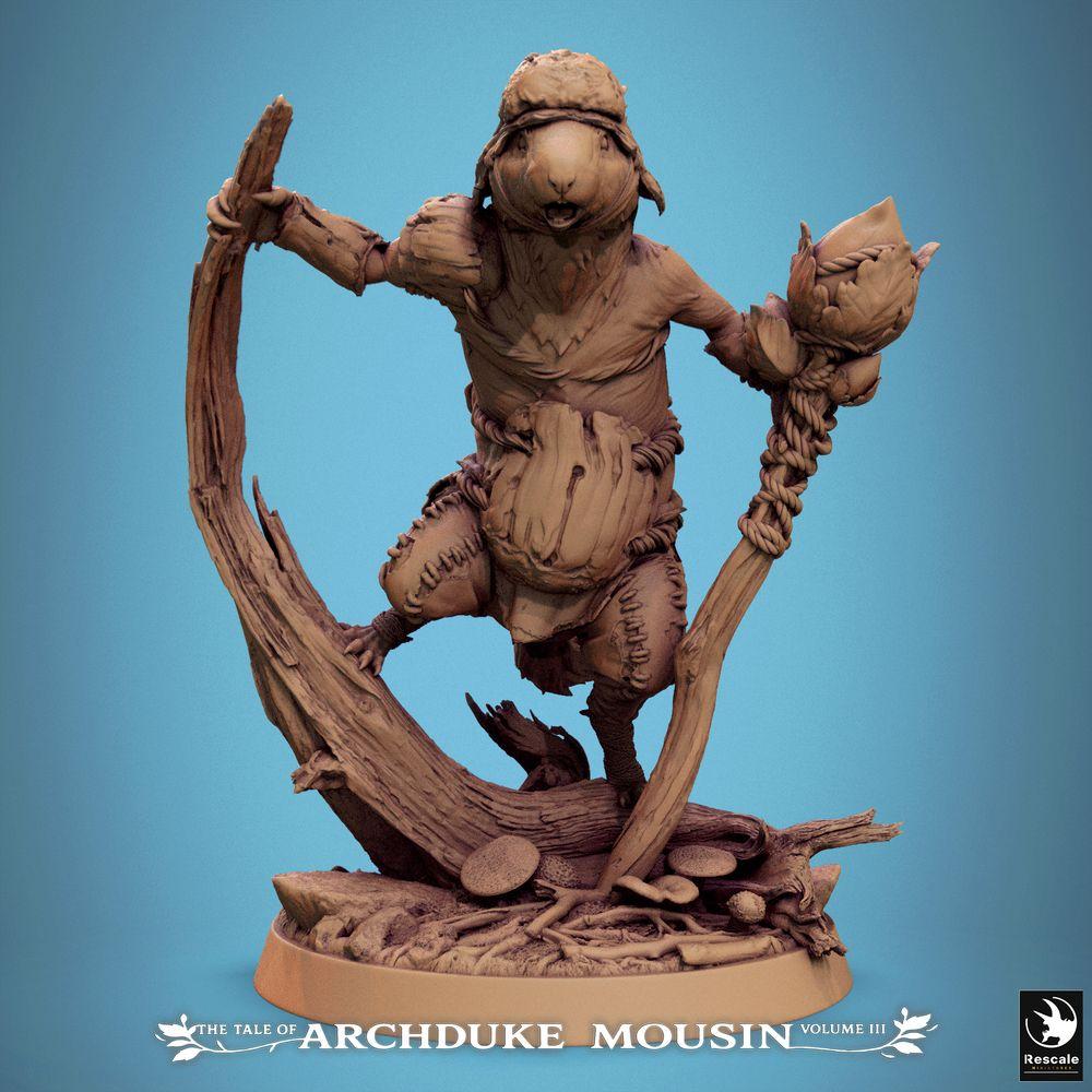 Photo de produit Tabletop 28mm Lord of the Print (LotP) 0 : Miniature fantastique : Chaman rongeur et druide, magicien des bois avec un bâton noueux en pose dynamique de saut sur une base forestière, modèle de personnage souris/rat (25_07_Q7)