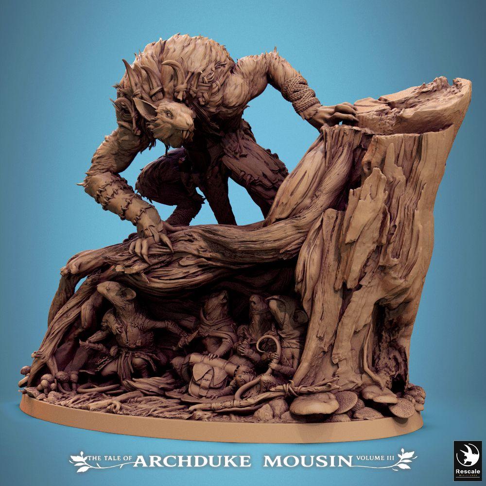 Photo de produit Tabletop 28mm Lord of the Print (LotP) 0 : Miniature Tabletop : hybride homme-animal loup sur souche d'arbre, bête des bois et prédateur alpha, boss de donjon, base de scène avec créatures de souris et de rats (25_07_R1)