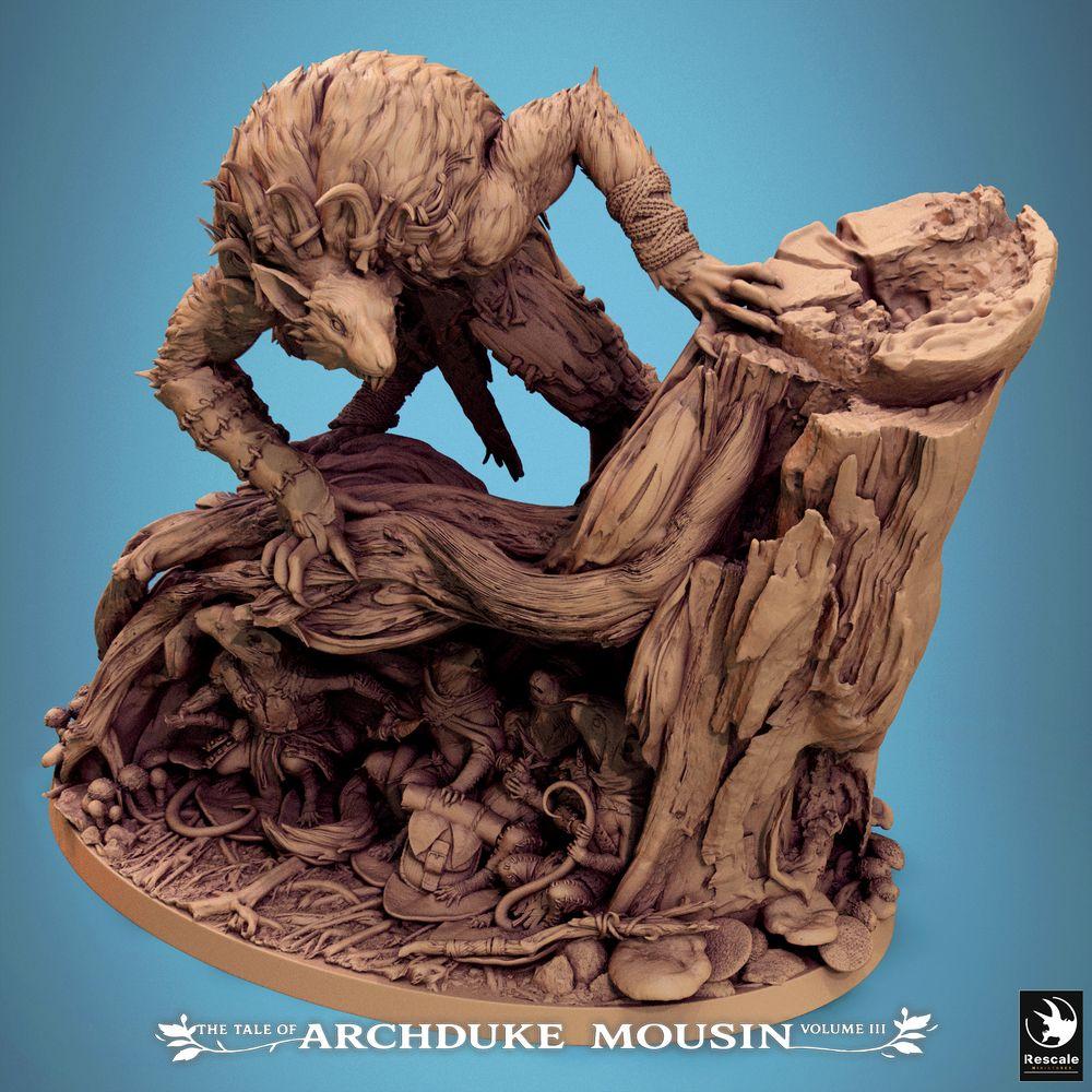 Photo de produit Tabletop 28mm Lord of the Print (LotP) 1 : Miniature Tabletop : hybride homme-animal loup sur souche d'arbre, bête des bois et alpha prédateur, boss de donjon, base de scène avec créatures de souris et de rats (25_07_R1)