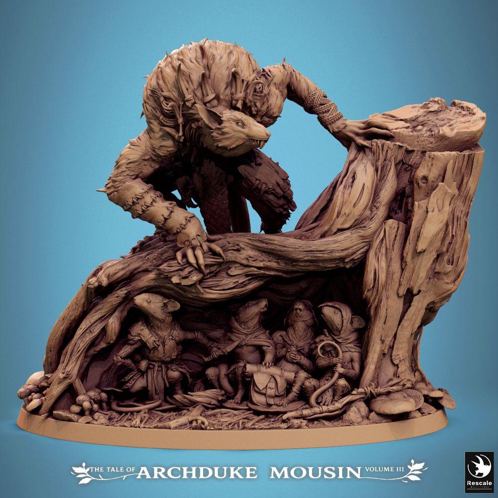 Photo de produit Tabletop 28mm Lord of the Print (LotP) 2 : Miniature Tabletop : hybride homme-animal loup sur souche d'arbre, bête des bois et alpha prédateur, boss de donjon, base de scène avec créatures de souris et de rats (25_07_R1)