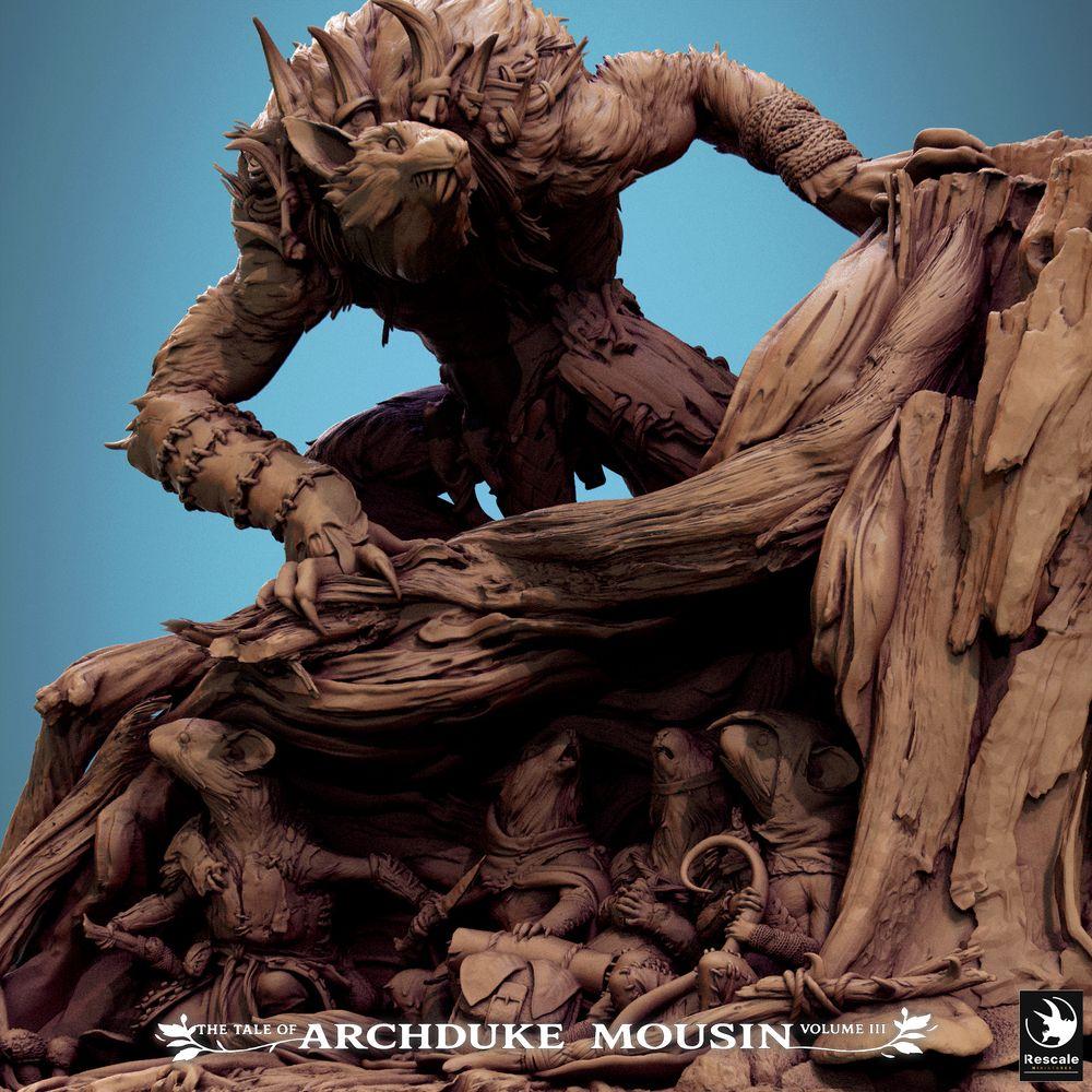 Photo du produit Tabletop 28mm Lord of the Print (LotP) 3 : Miniature Tabletop : hybride homme-animal loup-garou sur souche d'arbre, bête des bois et alpha-prédateur, boss de donjon, base de scène avec créatures de souris et de rats (25_07_R1)