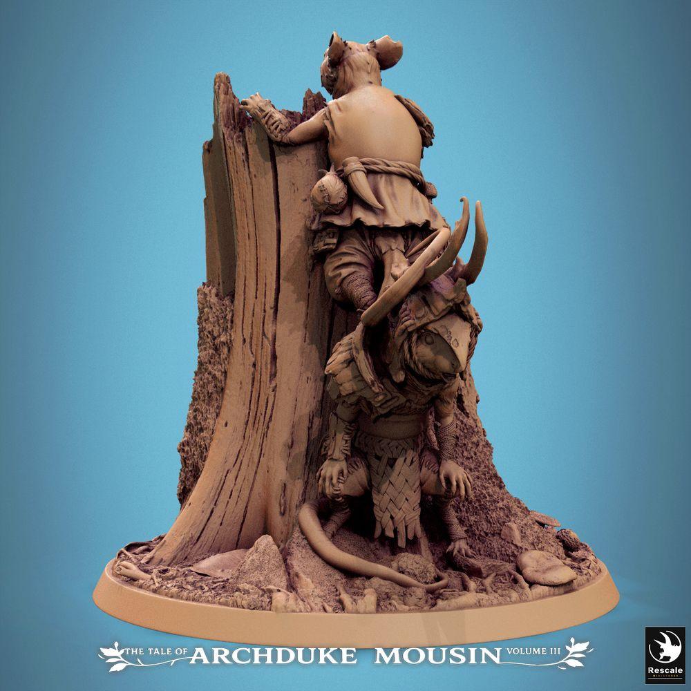 Photo de produit Tabletop 28mm Lord of the Print (LotP) 0 : Miniature Tabletop : Guerrier homme-rat et voleur souris sur une souche d'arbre - Éclaireur/Rôdeur, armure en écailles, corde d'escalade, base de diorama (25_07_Q9)