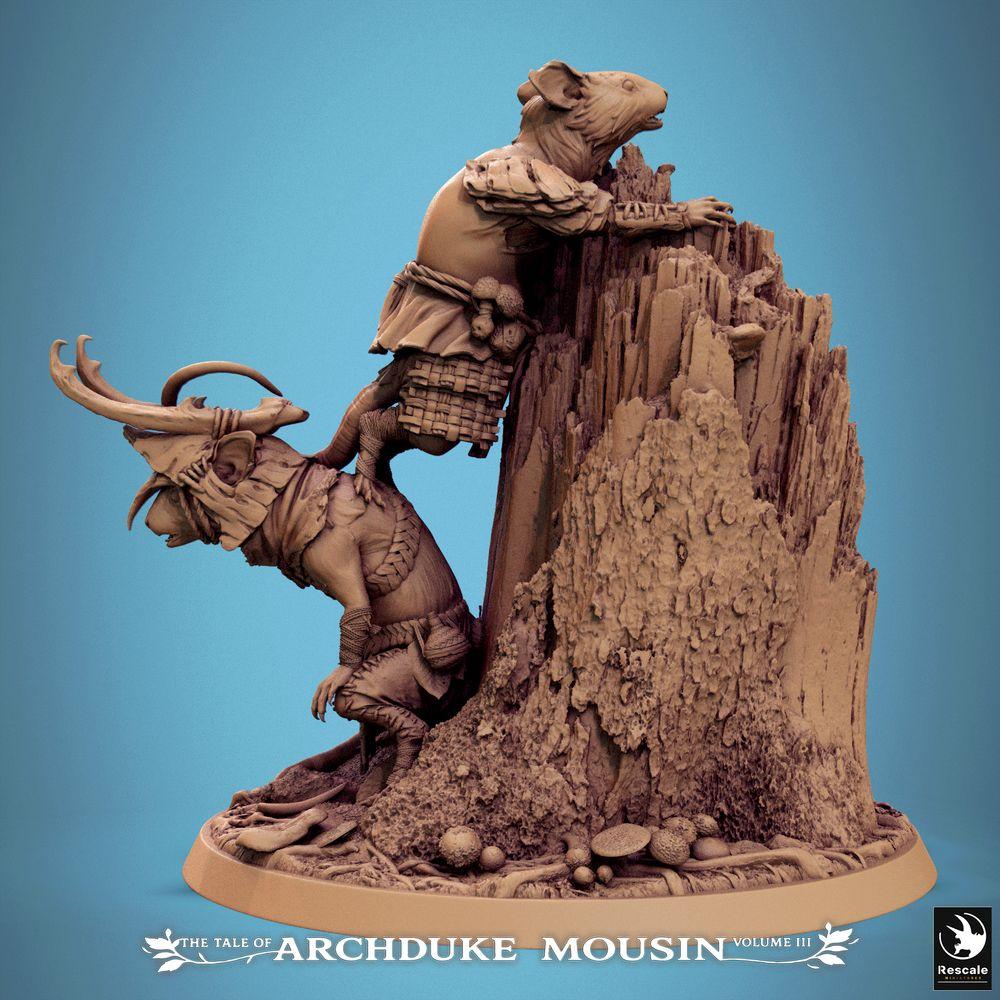 Photo de produit Tabletop 28mm Lord of the Print (LotP) 1 : Miniature Tabletop : Guerrier rat-homme et voleur souris sur souche d'arbre - Éclaireur/Rôdeur, armure en écailles, corde d'escalade, base de diorama (25_07_Q9)