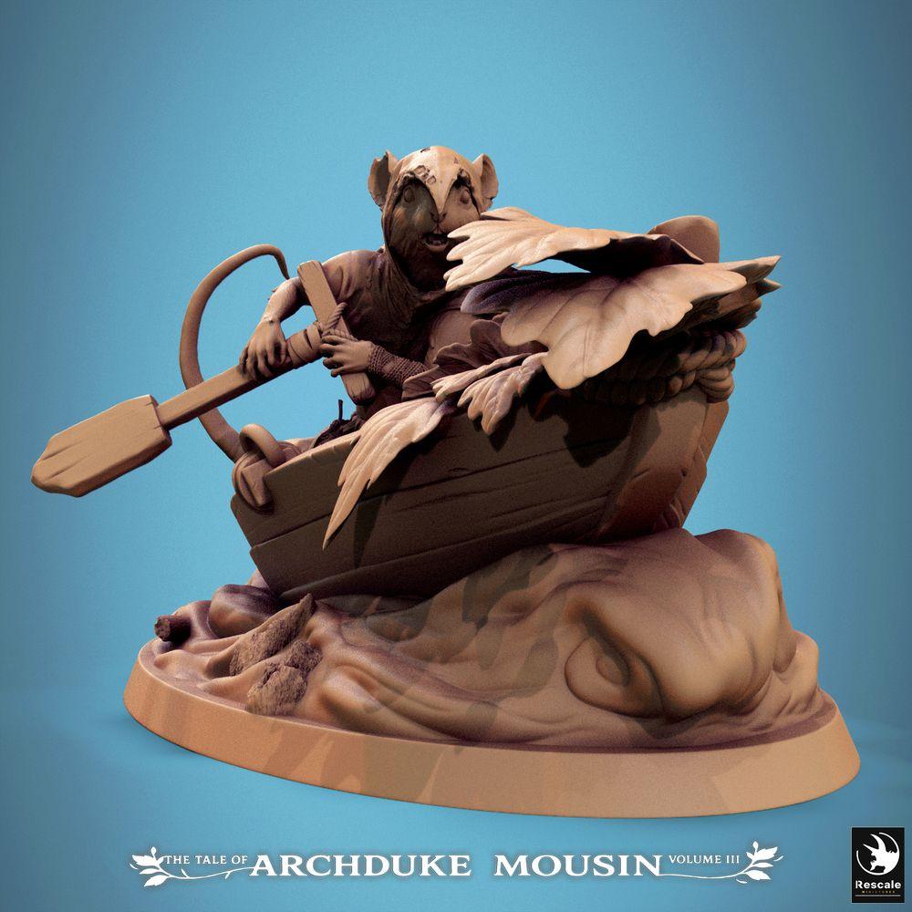 Photo de produit Tabletop 28mm Lord of the Print (LotP) 0 : Miniature Tabletop : Aventurier rongeur dans un canot - Homme-rat/Souris en tant que rôdeur, éclaireur, pirate fluvial ou passeur avec pagaie - Scène de bateau sur base de diorama (25_07_Q13)