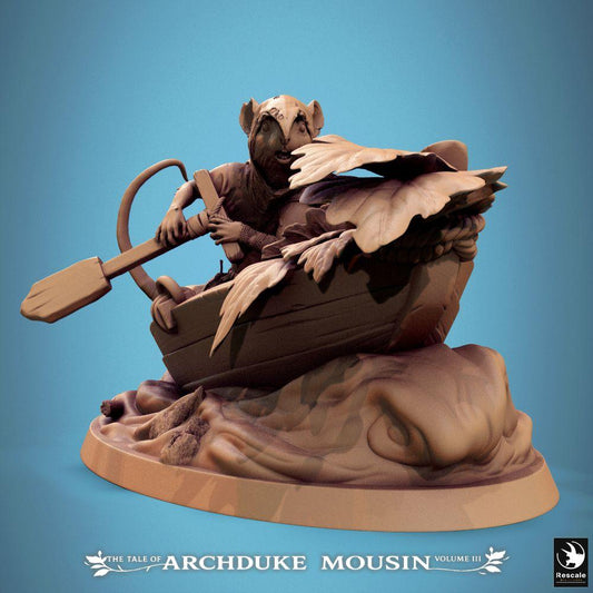 Photo de produit Tabletop 28mm Lord of the Print (LotP) 0 : Miniature Tabletop : Aventurier rongeur dans un canot - Homme-rat/Souris en tant que rôdeur, éclaireur, pirate fluvial ou passeur avec pagaie - Scène de bateau sur base de diorama (25_07_Q13)