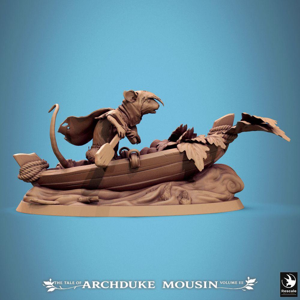 Photo de produit Tabletop 28mm Lord of the Print (LotP) 1 : Miniature Tabletop : Aventurier rongeur dans un canoë - Homme-rat/Souris en tant que rôdeur, éclaireur, pirate des rivières ou passeur avec pagaie - Scène de bateau sur base de diorama (25_07_Q13)