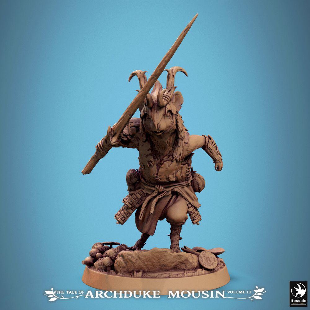 Photo du produit Tabletop 28mm Lord of the Print (LotP) 0 : Miniature Tabletop : Souris Guerrier du Peuple des Rongeurs, Lanceur en Charge, Leader/Éclaireur - Charge de Souris (25_07_Q15)