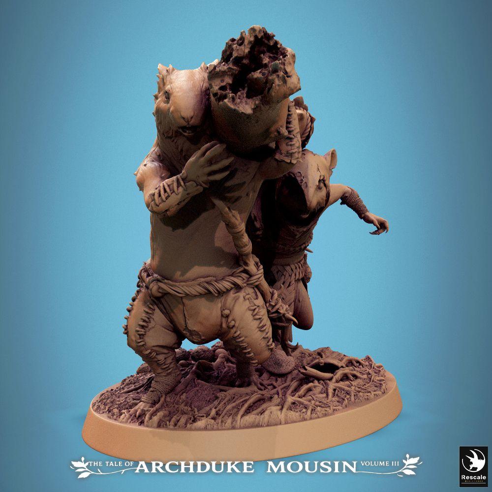 Photo de produit Tabletop 28mm Lord of the Print (LotP) 0 : Miniature Tabletop : Duo de porteurs de ratmen - Équipe de pionniers rongeurs avec charge explosive ou bélier, arme de siège, unité de wargame et proxies de skirmish (25_07_Q11)