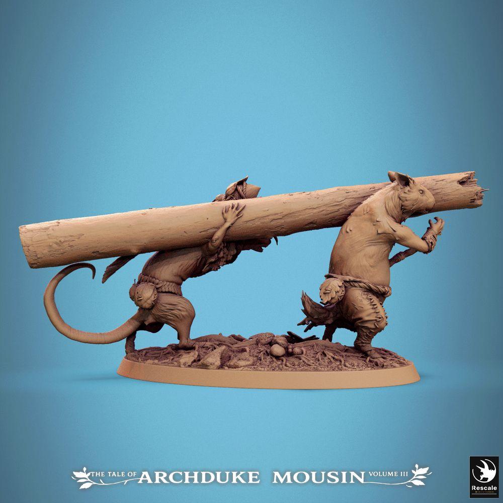 Photo de produit Tabletop 28mm Lord of the Print (LotP) 1 : Miniature Tabletop : Duo de porteurs de ratmen - Escouade de pionniers avec charge explosive ou de bélier, arme de siège, unité de wargame et proxies de skirmish (25_07_Q11)