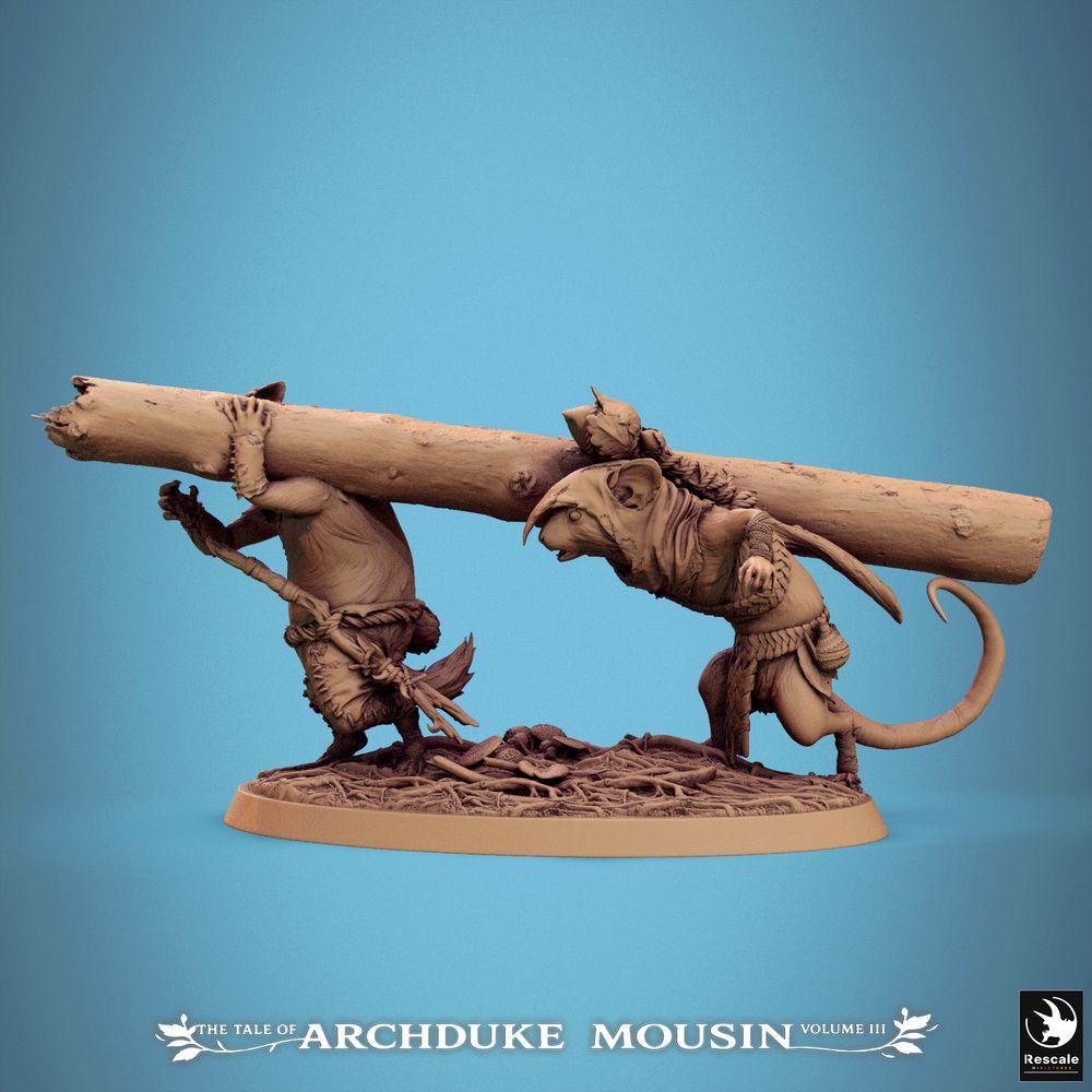 Photo de produit Tabletop 28mm Lord of the Print (LotP) 2 : Miniature Tabletop : Duo de porteurs de ratmen - Escouade de pionniers avec charge explosive ou bélier, arme de siège, unité de wargame et proxies de skirmish (25_07_Q11)