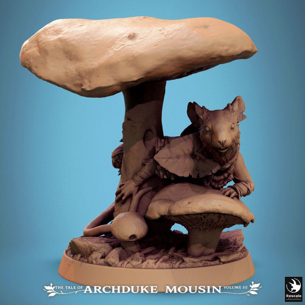 Image du produit Tabletop 28mm Lord of the Print (LotP) 0 : Figurine fantastique : Souris anthropomorphe - Ranger, Voleur, Éclaireur dans une forêt de champignons sous un chapeau de champignon, Cape en feuilles, Base scénique (25_07_Q21)