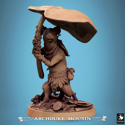 Photo de produit Tabletop 28mm Lord of the Print (LotP) 0 : Miniature Tabletop : Guerrier souris des Tierfolk, éclaireur et guerrier champignon avec bouclier en chapeau de champignon et massue en pied de champignon (25_07_Q25)