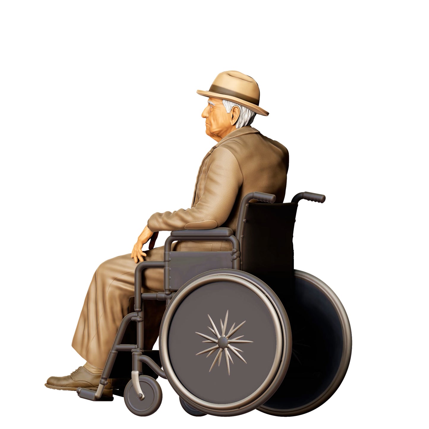 3DP Miniatures 4: Sitzende Figur: Mann im Rollstuhl mit Hut (Ref. Nr. 453)