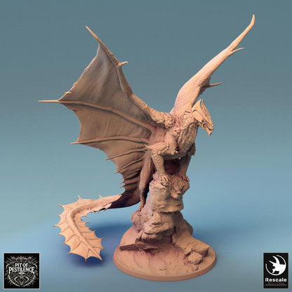 Photo de produit Tabletop 28mm Lord of the Print (LotP) 0 : Miniature Tabletop : Dragon en laiton, grand dragon sur rocher avec ailes déployées - Monstre boss, créature volante, bête dragon, base de diorama (24_08_A2)