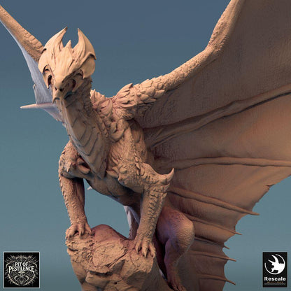 Photo de produit Tabletop 28mm Lord of the Print (LotP) 0 : Miniature Tabletop : Dragon en laiton, grand dragon sur rocher avec ailes déployées - Monstre boss, créature volante, bête dragon, base de diorama (24_08_A2)