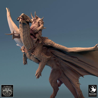 Photo de produit Tabletop 28mm Lord of the Print (LotP) 0 : Miniature Fantasy : Cavalier de dragon sur wyvern - Dragon en laiton en vol, Chevalier du Chaos Boss/Héros, Cavalerie aérienne pour Wargame/Skirmish (24_08_A3)