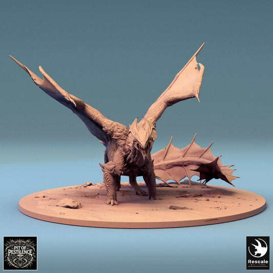 Photo de produit Tabletop 28mm Lord of the Print (LotP) 0 : Miniature Tabletop : Grand dragon Wyvern, pose de combat accroupie avec ailes déployées, figurine de boss dragon (24_08_A4)
