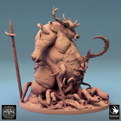 Photo de produit Tabletop 28mm Lord of the Print (LotP) 0 : Miniature Tabletop : Démon de la peste, Seigneur des démons - grand monstre corpulent et bête à tentacules avec hache de bourreau et bâton de trophées, hurlant avec une couronne de cornes et un ventre ouvert (24_08_B1)