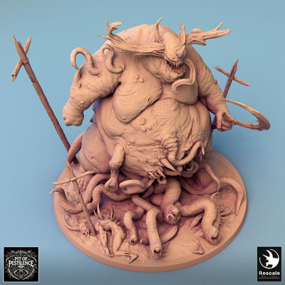 Photo de produit Tabletop 28mm Lord of the Print (LotP) 0: Miniature Tabletop: Démon de la peste, seigneur démon - grand monstre corpulent et bête tentaculaire avec hache de bourreau et bâton de trophées, rugissant avec une couronne de cornes et un ventre ouvert (24_08_B1)