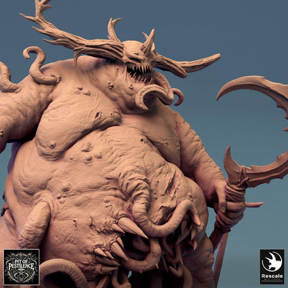 Photo de produit Tabletop 28mm Lord of the Print (LotP) 0 : Miniature Tabletop : Démon de la peste, seigneur démon - grand monstre corpulent et bête à tentacules avec hache de bourreau et bâton trophée, rugissant avec couronne de cornes et ventre ouvert (24_08_B1)