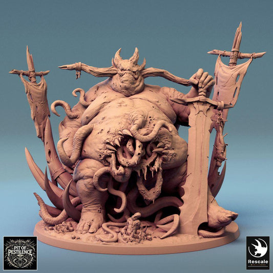 Photo de produit Tabletop 28mm Lord of the Print (LotP) 0 : Miniature Tabletop : Démon de la peste Seigneur des épidémies, Grand démon du Chaos et Abomination tentaculaire avec épée à deux mains et étendards, Monstre boss (24_08_B2)