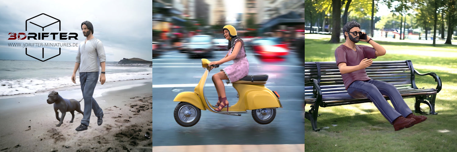 Bannière d'image boutique en ligne figurines miniatures en résine imprimées en 3D : trois figurines en collage. Homme avec un chien, femme sur une Vespa et homme sur un banc.