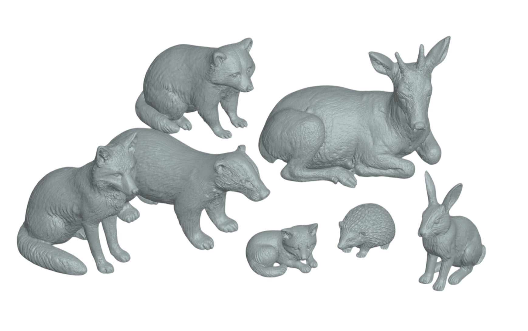 Produktfoto Tier Figur Diorama, Modellbau: 0: 7 Wildtier Wald-Figuren: Fuchs, Dachs, Reh, Igel und Hase  (Achtung extrem klein!) (Ref a053)