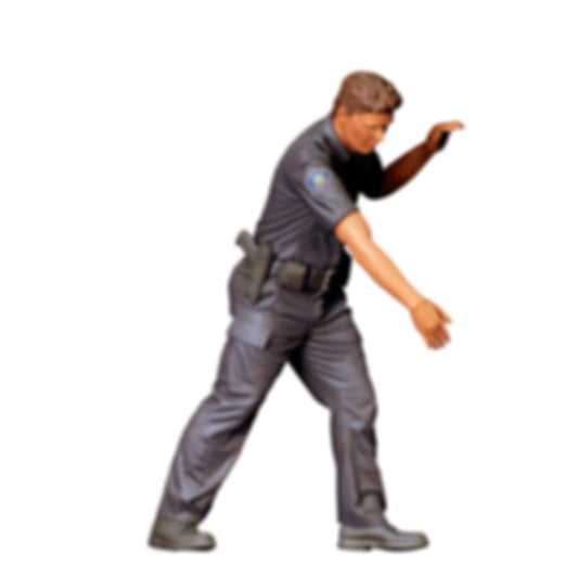 3DP Miniatures 0: Gehende Figur: Polizist in Uniform mit Dienstgürtel & erhobenem Arm (Ref. Nr. 501)