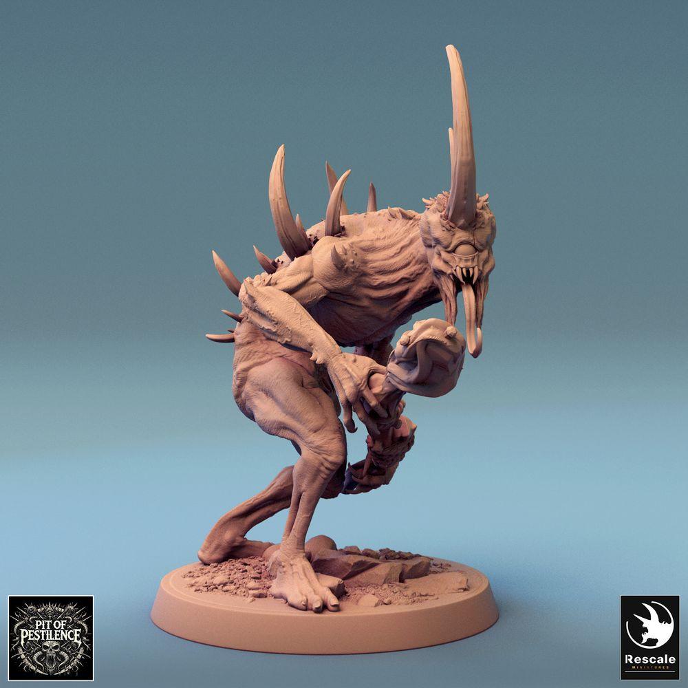 Produktfoto Tabletop 28mm Lord of the Print (LotP) 0: Tabletop Miniatur: Stacheldämon, horntragendes Bestienmonster mit Knochenkeule im Ansturm (24_08_F11)