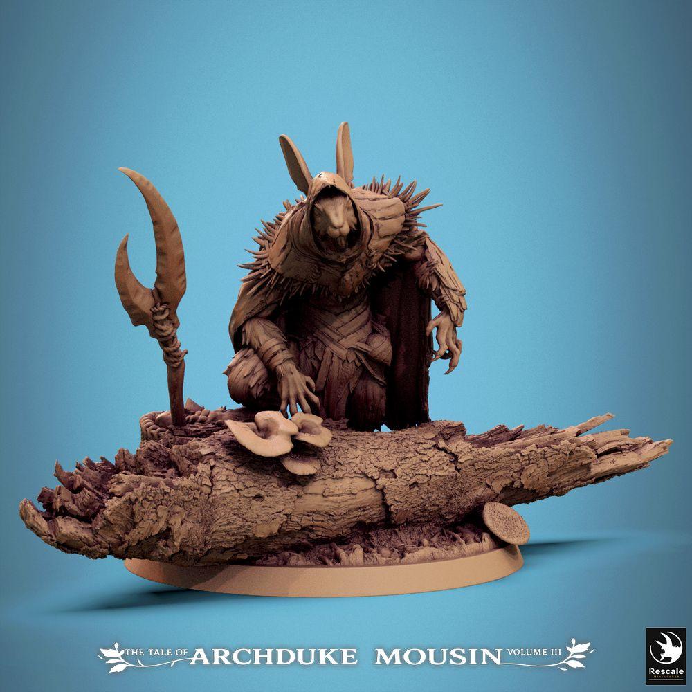Photo de produit Tabletop 28mm Lord of the Print (LotP) 0 : Figurine fantastique : Humanoïde lapin/rabbitfolk ranger, éclaireur/voleur/assassin, chasseur embusqué avec hallebarde, accroupi sur une base en tronc d'arbre, Rabbitfolk Ranger (25_07_Q31)