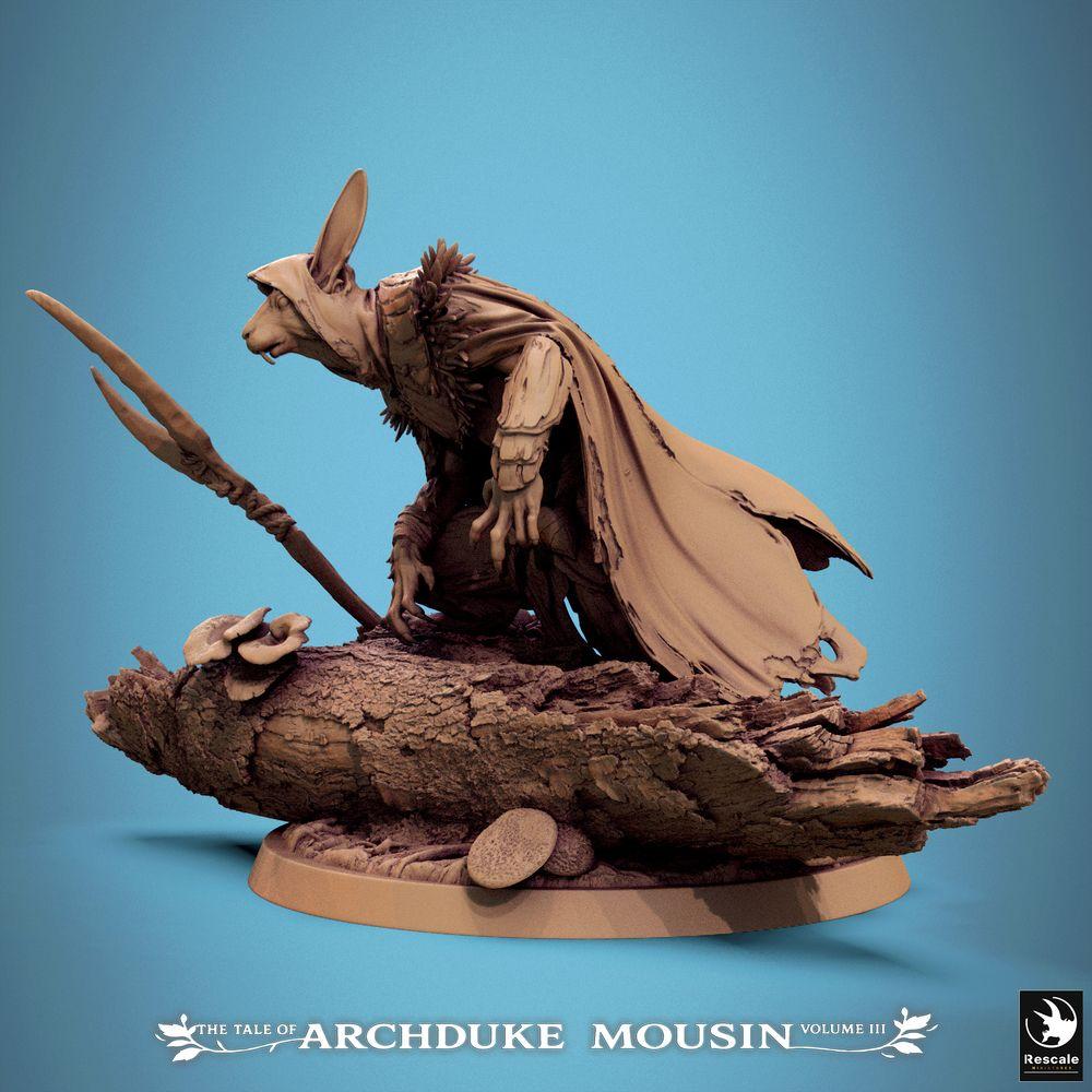 Photo de produit Tabletop 28mm Lord of the Print (LotP) 1 : Figurine Fantasy : Humanoïde lapin Ranger, Éclaireur/Voleur/Assassin, Chasseur embusqué avec Glaive, accroupi sur une base de tronc d'arbre, Ranger Rabbitfolk (25_07_Q31)