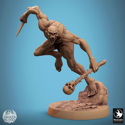 Photo de produit Tabletop 28mm Lord of the Print (LotP) 0 : Miniature Tabletop : Ghoul Sauvage en Saut - assassin mort-vivant et chasseur tapi avec poignard, crâne et colonne vertébrale (24_11_B19)
