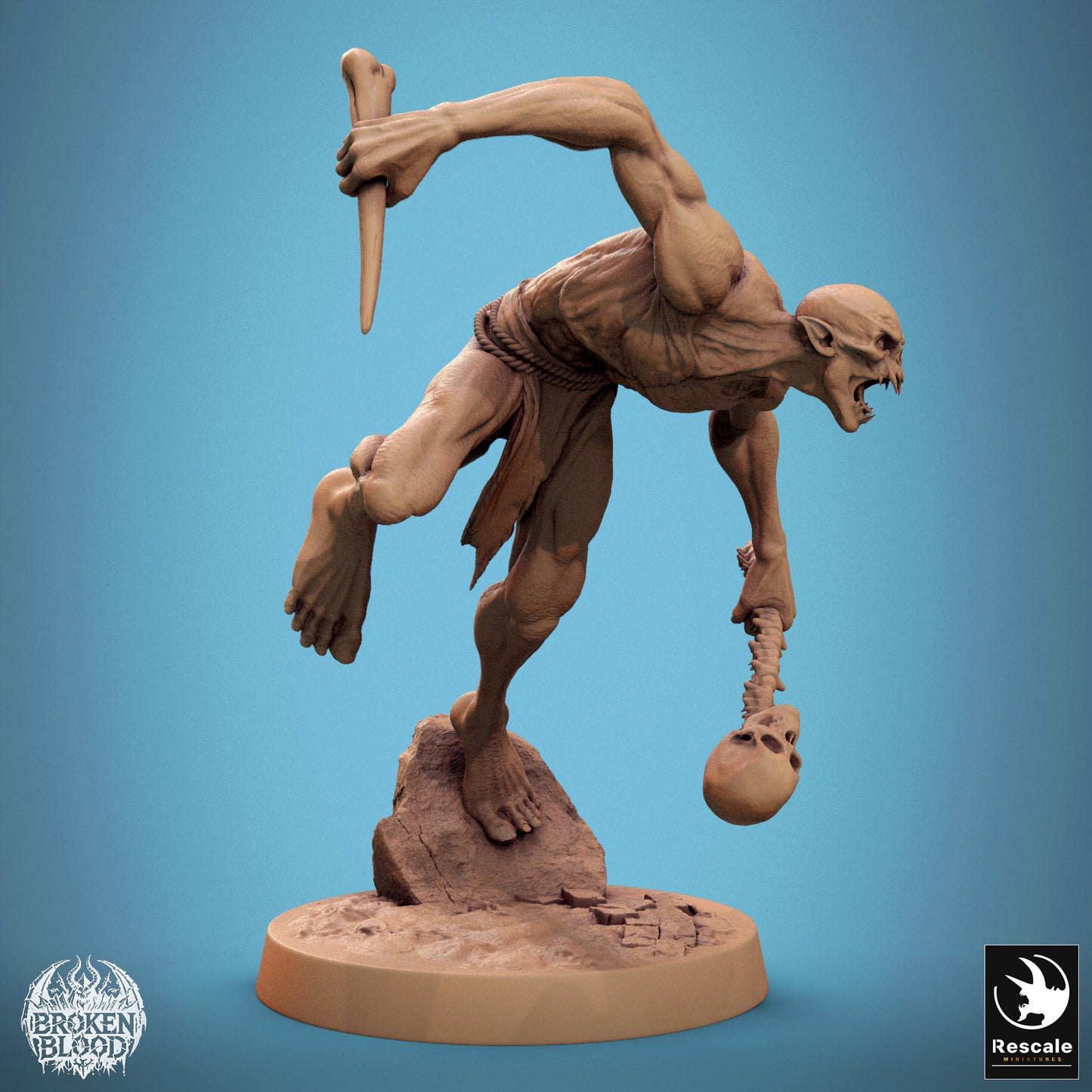 Photo de produit Tabletop 28mm Lord of the Print (LotP) 1 : Miniature Tabletop : Ghoul Sauvage en Saut (Savage Ghoul) - assassin mort-vivant et chasseur embusqué avec poignard, crâne et colonne vertébrale (24_11_B19)