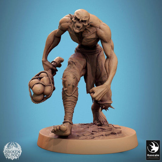 Photo de produit Tabletop 28mm Lord of the Print (LotP) 0 : Miniature Tabletop : Berserker Ghoul Sauvage, colosse mort-vivant avec sac de trophées en crânes et poing clouté (24_11_B27)