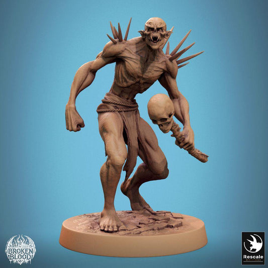 Photo de produit Tabletop 28mm Lord of the Print (LotP) 0 : Miniature Tabletop : Champion Ghoul Sauvage, monstre démoniaque, boss et combattant au corps à corps avec massue en crâne et épines osseuses (24_11_B35)