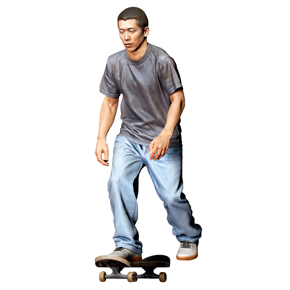 Photo produit de modélisme pour diorama 4 : figurine debout de skateur en posture dynamique sur skateboard (réf. n° 530)