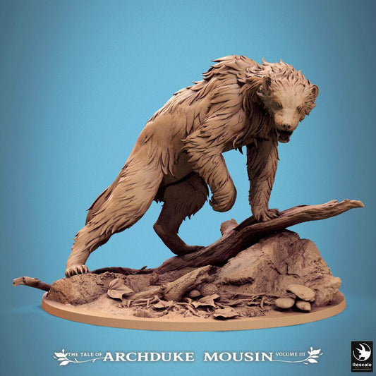 Photo de produit Tabletop 28mm Lord of the Print (LotP) 0 : Miniature Tabletop : Ours de l'horreur / Ours-garou / Monstre ours - Bête des bois, miniature de monstre avec de longues griffes et des crocs, accroupie de manière féroce sur une souche d'arbre renversée (25_07_A1)