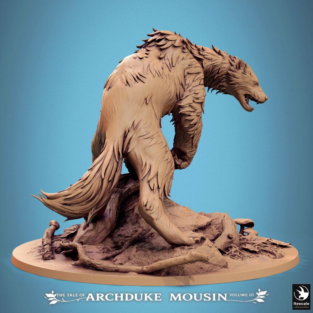 Photo de produit Tabletop 28mm Lord of the Print (LotP) 1 : Miniature Tabletop : Ours de l'horreur / Ours-garou / Monstre ours - Bête des bois, miniature monstre avec de longues griffes et des crocs, accroupie de manière féroce sur un tronc d'arbre renversé (25_07_A1)