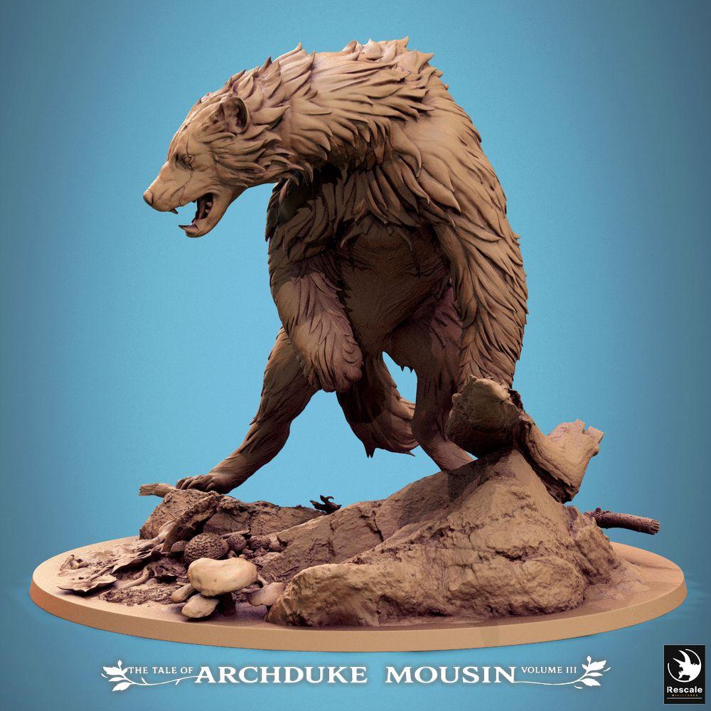 Photo de produit Tabletop 28mm Lord of the Print (LotP) 2 : Miniature Tabletop : Ours de l'horreur / Ours-garou / Monstre ours - Bête des bois, miniature de monstre avec de longues griffes et des crocs, accroupie de manière féline sur une souche d'arbre renversée (25_07_A1)