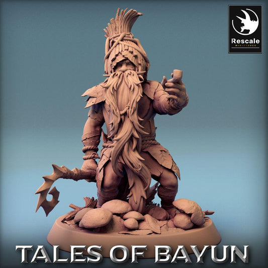 Photo de produit Tabletop 28mm Lord of the Print (LotP) 0 : Figurine fantastique : Chef nain - Barbare chaman avec hache crochue, chaman des bois, guerrier totem, champion (24_01_A5)