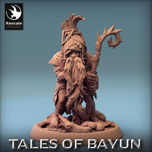 Photo du produit Tabletop 28mm Lord of the Print (LotP) : Figurine Fantasy : Druide Waldschamane avec bâton hérissé de épines - Ancien du clan, Prêtre des runes, Druide Forest Shaman (24_01_A6)