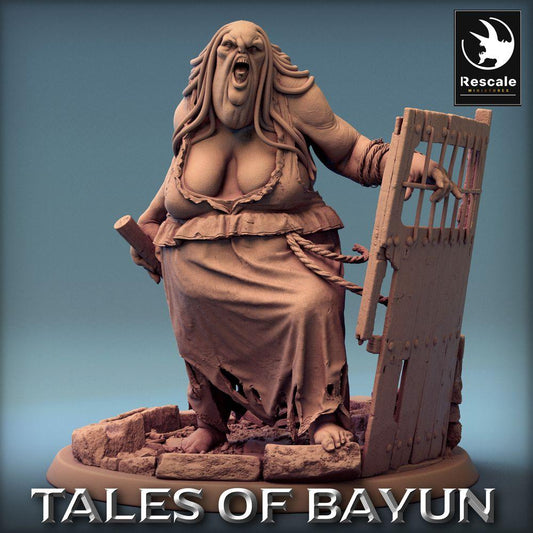 Photo de produit Tabletop 28mm Lord of the Print (LotP) 0 : Miniature Tabletop : Kikimora Oger-Matrone, Gardienne de donjon avec bouclier à porte en fer et matraque, Sorcière troll, Gardienne de porte, Boss de donjon (24_01_D1)