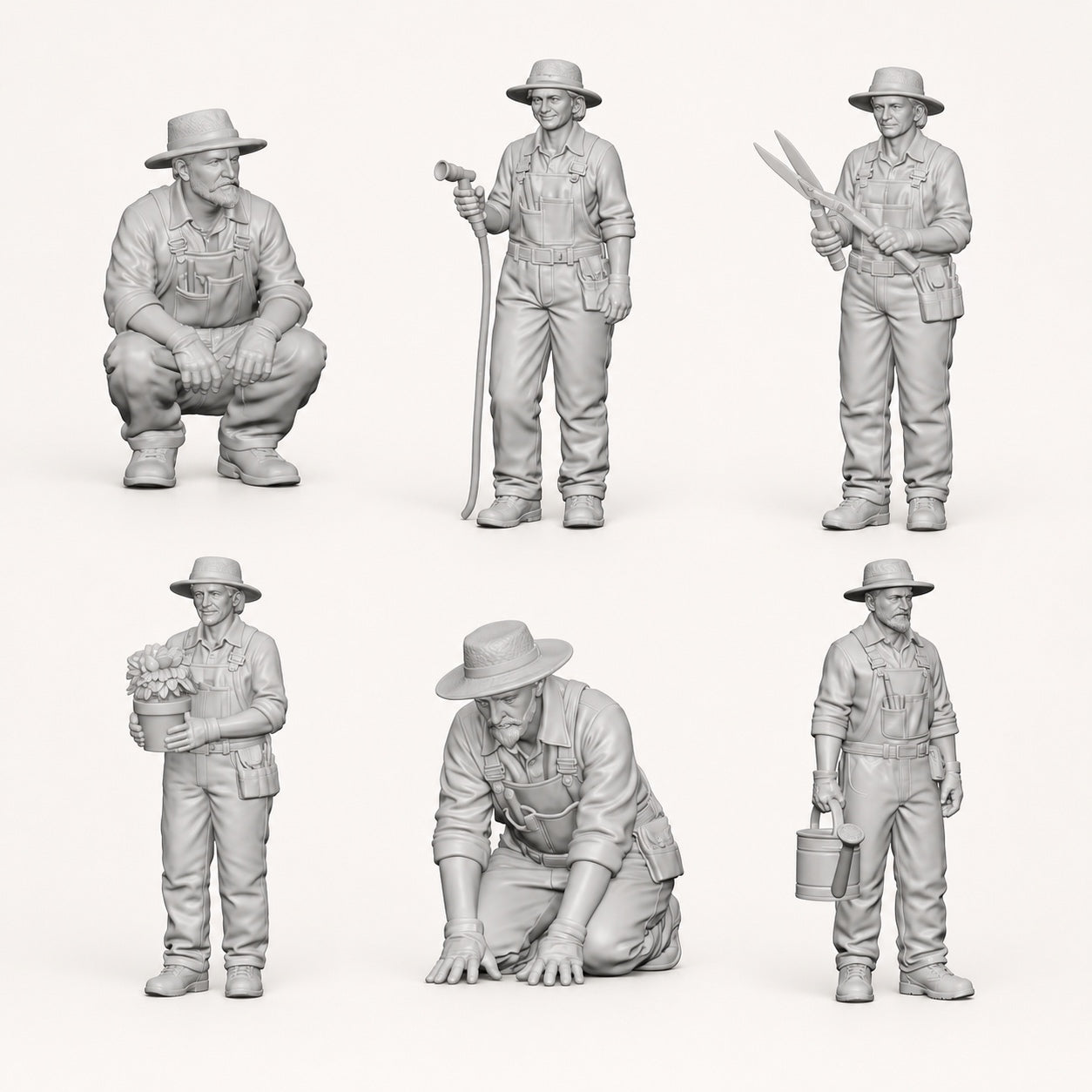 Jardinier, jardinage et vie à la campagne - 6 figurines en résine non peintes en vue d’ensemble ouverte