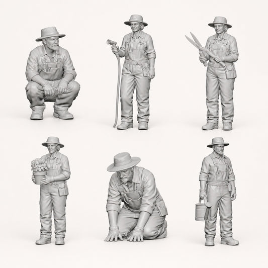 Jardinier, jardinage et vie à la campagne - 6 figurines en résine non peintes en vue d’ensemble ouverte