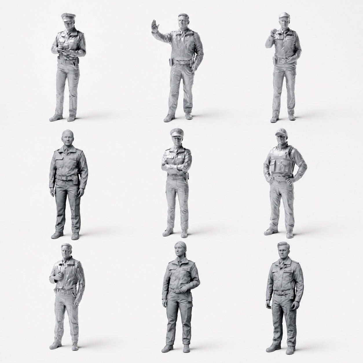 Police allemande et agents - 9 figurines en résine non peintes en vue d’ensemble ouverte