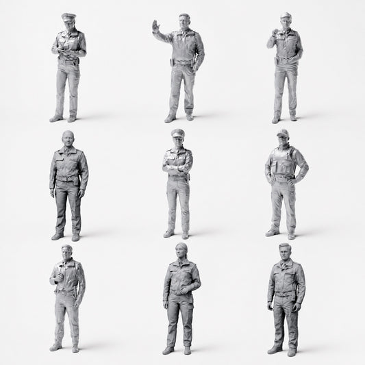 Police allemande et agents - 9 figurines en résine non peintes en vue d’ensemble ouverte