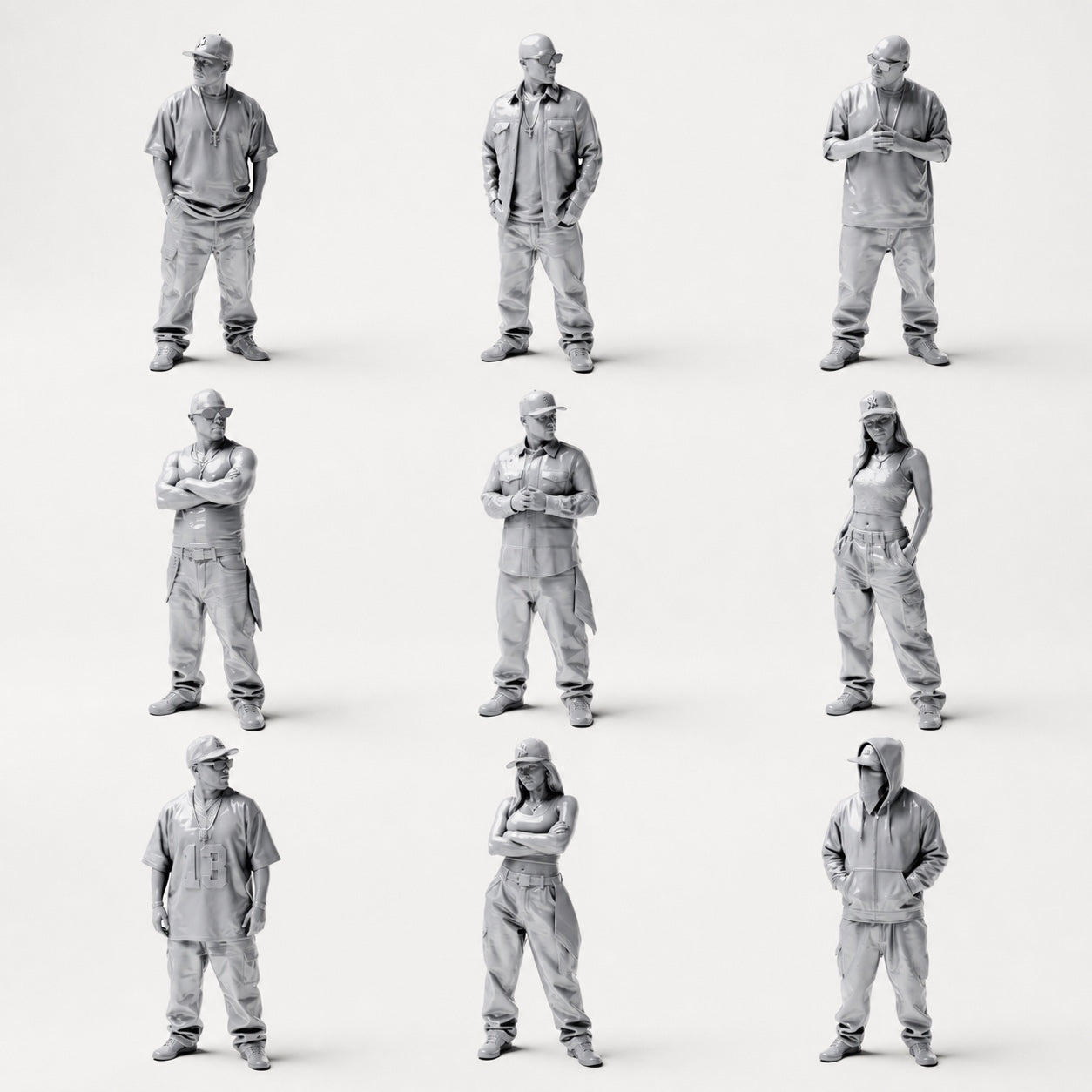 Hip-hop, urbain et streetwear - 9 figurines en résine non peintes en présentation ouverte