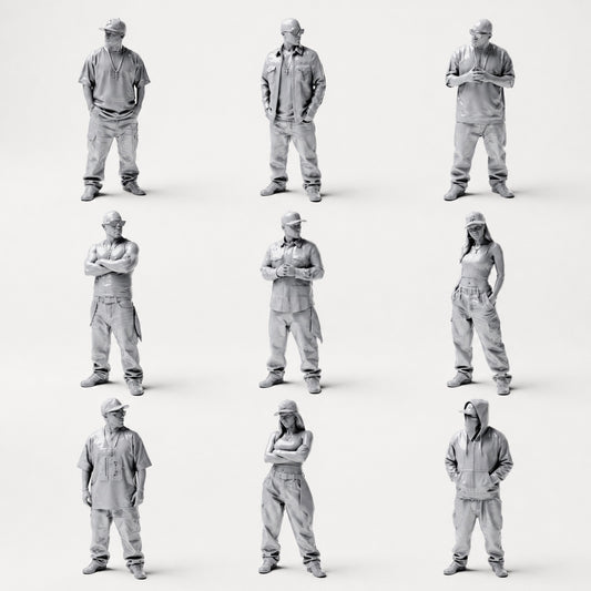 Hip-hop, urbain et streetwear - 9 figurines en résine non peintes en présentation ouverte
